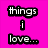 pixelated icons with text labels, featuring a pink 'things i love...' section, a soccer ball, an iPod, Smurfs, summer, and friends imagery
