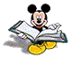 Mickey Mouse character holding an open book with both hands, standing on yellow shoes against a gray background.