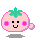 Pixelated pink tomato-shaped character with green stem, black eyes, pink cheeks, and smiling mouth, shown in four variations with different bubble positions and shadows.