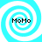 Four identical cyan and white spiral patterns arranged in a , each containing the text MoMo in black pixelated font