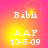 Pixelated text 'Babii', 'AAF', and '10-5-09' on a gradient background shifting from pink to yellow with a central light burst effect.