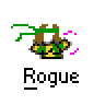Pixel art animation of a character labeled Rogue with green headband, brown hair, yellow-green outfit, and pink/purple particle effects across three frames.