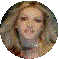 Three circular pixelated images of a person with light brown hair against gray backgrounds, showing different facial expressions and angles.
