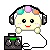 Pixelated character with headphones and colorful hair accessories holds a boombox, alternating between smiling and open-mouthed expressions.