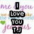 Animated icon with layered text and symbols; central black blocks display "I Love You T.J" over purple, brown, blue, green, and pink script text on white background.