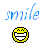 Pixelated blue text "smile" above a yellow pixel art smiley face with black outline and three dots for eyes on white background.