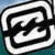 A pixelated black and white abstract swirl design with a thick border, set against a gradient background transitioning from blue to teal.