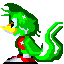 Green cartoon bird with yellow beak and red chest emblem, shown in multiple poses including side profile, front view, and speech bubbles containing text.