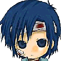Blue-haired chibi character with red forehead marking and facial scars, shown in multiple poses with head and body movements.