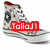 A pixelated image of a white Converse sneaker with red accents and brown speckles, overlaid with text elements.