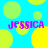 Blue background with yellow and green circles; four instances of purple text 'JESSICA' in pixelated font.