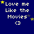 Blue background with white text "Love me Like the Movies" and a heart symbol, featuring yellow stars in various positions