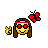 Pixel art animation of a yellow emoji character with red sunglasses and brown hair, holding a golden object while a red butterfly flies nearby in two sequential frames.