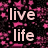 A static image with a black background covered in pink star-like patterns, featuring multiple words in different colors and fonts.