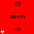 Red background with repeated black '<3' symbols and 'devin' text, white heart stacks in , gray rectangle in bottom-right corner