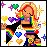Pixel art of a blonde woman with rainbow hair streaks wearing a rainbow crop top and black sleeves, surrounded by colorful hearts and stars.