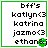 Four identical pixelated display text list with green border and small green icon, each showing 'bff's katlyn<3 katrina jazmo<3 ethan<3' in black font on white background