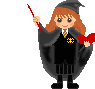 Pixel art of a character in black academic robes holding a red book and wand, with one frame showing a yellow spell effect.