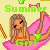 A 4-frame animated contact sheet showing a pixel-art summer-themed icon with a cartoon girl in bikini on pink float, each frame displaying different text colors for 'Summer' and 'Girl'.
