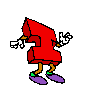 Red blocky character with purple shoes and green ankle bands performs various hand gestures against gray background.