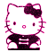 Pixelated static image of a Hello Kitty character in dark pink and white colors with a bow, wearing a black outfit with white stripes.