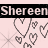 Animated buddy icon featuring repeated heart shapes and text 'Shereen' on a light pink background with black banner.