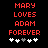 Red pixelated text reads 'MARY LOVES ADAM FOREVER' above five heart icons on a black background, with one gray heart in the center.