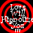 Red circular target with white text 'Love Will Hypnotize You' and three exclamation marks on black background, animated rotation of concentric rings.