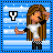Pixel art of a girl with long brown hair, white crop top, black checkered pants, and black wristbands against blue striped background with stars.