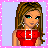 Pixelated character with long brown hair, green eyes, red crop top, silver earrings, and gray jeans holding a red handbag against light purple background.
