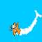 Animated sequence of a cartoon character flying through a blue sky, leaving white smoke trails, with red text reading ...HELLO! appearing in the lower right.