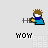 Pixelated character with brown spiky hair and blue shirt holding a red-and-yellow object, surrounded by 'YOW' text on light gray background.