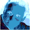 Two side-by-side portrait images: left is blue-tinted pixelated face with white hair, right is warm-toned face with dark hair and light clothing.