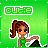 Pixel art contact sheet showing three frames of an animated AIM buddy icon featuring a cartoon girl with brown pigtails and purple eyes in a green dress against a gradient background, with "cutie" text at the top.