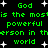 Green pixelated text on black background with white starbursts, repeating 'God is the most powerful person in the world' across multiple lines.