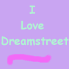 Purple background with light green text reading "I Love Dreamstreet" and a pink curved line, next to a group of six people posing around a vehicle.