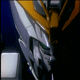 A mechanical head with silver and yellow armor, green eyes, and a dark blue background shifts position