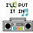 Pixelated image of a gray boombox with black speakers and colored buttons, surrounded by musical notes and text phrases.