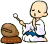 Animated contact sheet showing a monk character in white robes with blue sash performing drumming motions across five frames on gray background.