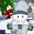 Pixelated holiday-themed icon with a snowman, Santa Claus, and green text on red background.