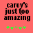 A static image with a solid coral background displays black pixelated text reading 'carey's just too amazing' above five green pixelated stars, with one star in a lighter green shade.