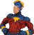 Pixelated figure in red and blue costume with yellow chest emblem, standing with hands on hips against gray background.