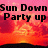 Pixelated sunset scene with bold black text reading 'Sun Down Party up' over a gradient sky transitioning from pink to orange and red.