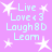 Pixelated text 'Live Love <3 Laugh 8D Learn' on a purple background with white star shapes, static image.