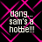 Pixelated text on a black background with pink geometric patterns, repeating the phrase "dang... sam's a hottie!!!" in four identical quadrants.