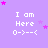 Purple background with white text "I am Here" and "O->--<", pink stars scattered across the image, static composition.
