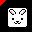 Pixel art bunny face with pink inner ears, black eyes and nose, white background, red corner accents.