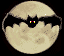 Pixelated moon with bat silhouette; left view shows full moon, right view shows partial moon with bat wings extending beyond frame.