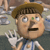 Pixelated cartoon character with brown hair, green mark on forehead, and open mouth, wearing striped shirt with blue collar, holding white object against blurred background.