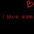 Red pixelated heart symbol above repeated red text 'i love sam i love sam' on black background.